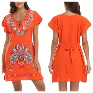 YZXDORWJ Mexican Embroidered Fiesta Dress Sz L V Neck Short Sleeve Coastal Beach